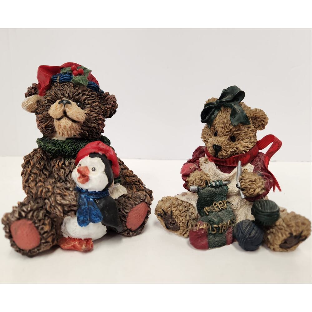 Vintage Christmas Bear Figurines Set Holiday Collectible Heart Patch Place 1998